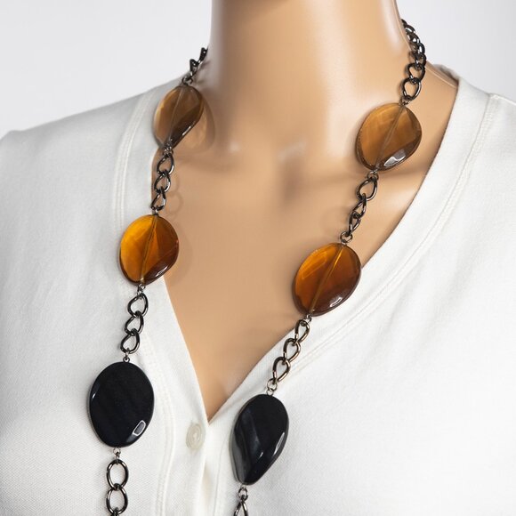 Brown/Amber Black And Spotted Large‎ Beads On A Dark Chain Necklace - Picture 6 of 10